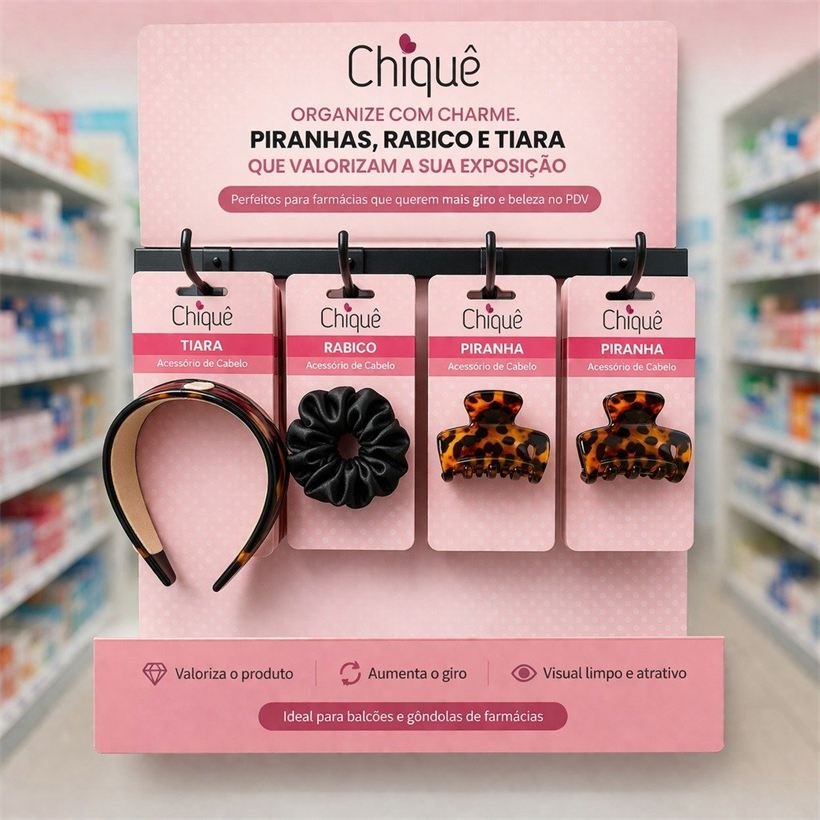 Expositor Chiquê instalado em gôndola de farmácia, com tiara, rabicó e piranhas em blister da marca